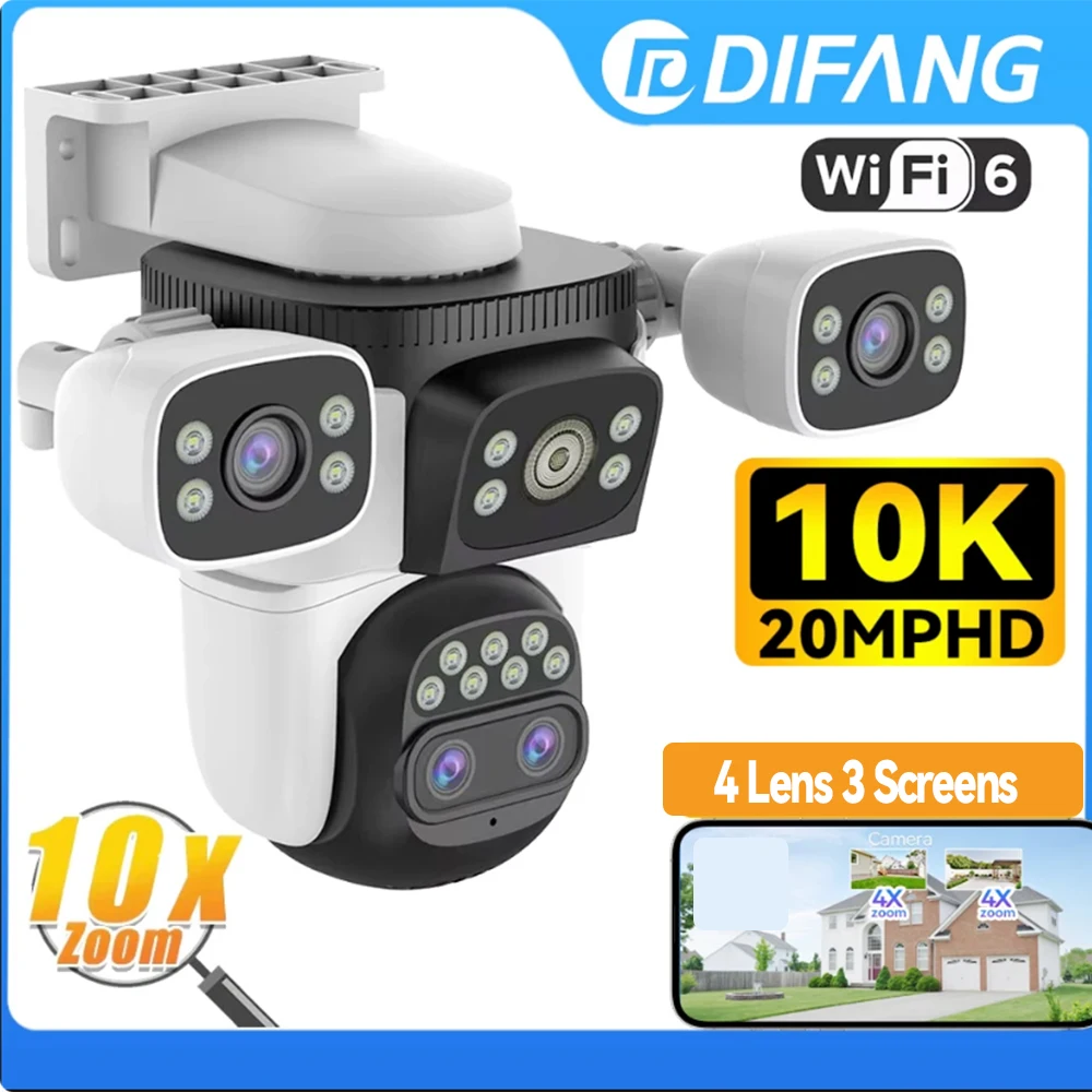 

10K UHD WiFi6 Security Camera Outdoor Three Screen Surveillance Network Cam 10X Zoom PTZ 20MP Video Surveillance Smart Home