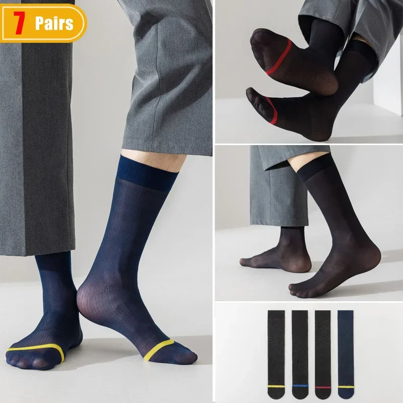 

7 Pairs Summer Short Silk Socks Man Nylon Thin Sweat-Absorbing Breathable Deodorant Business Striped Party Dress Socks Gentleman