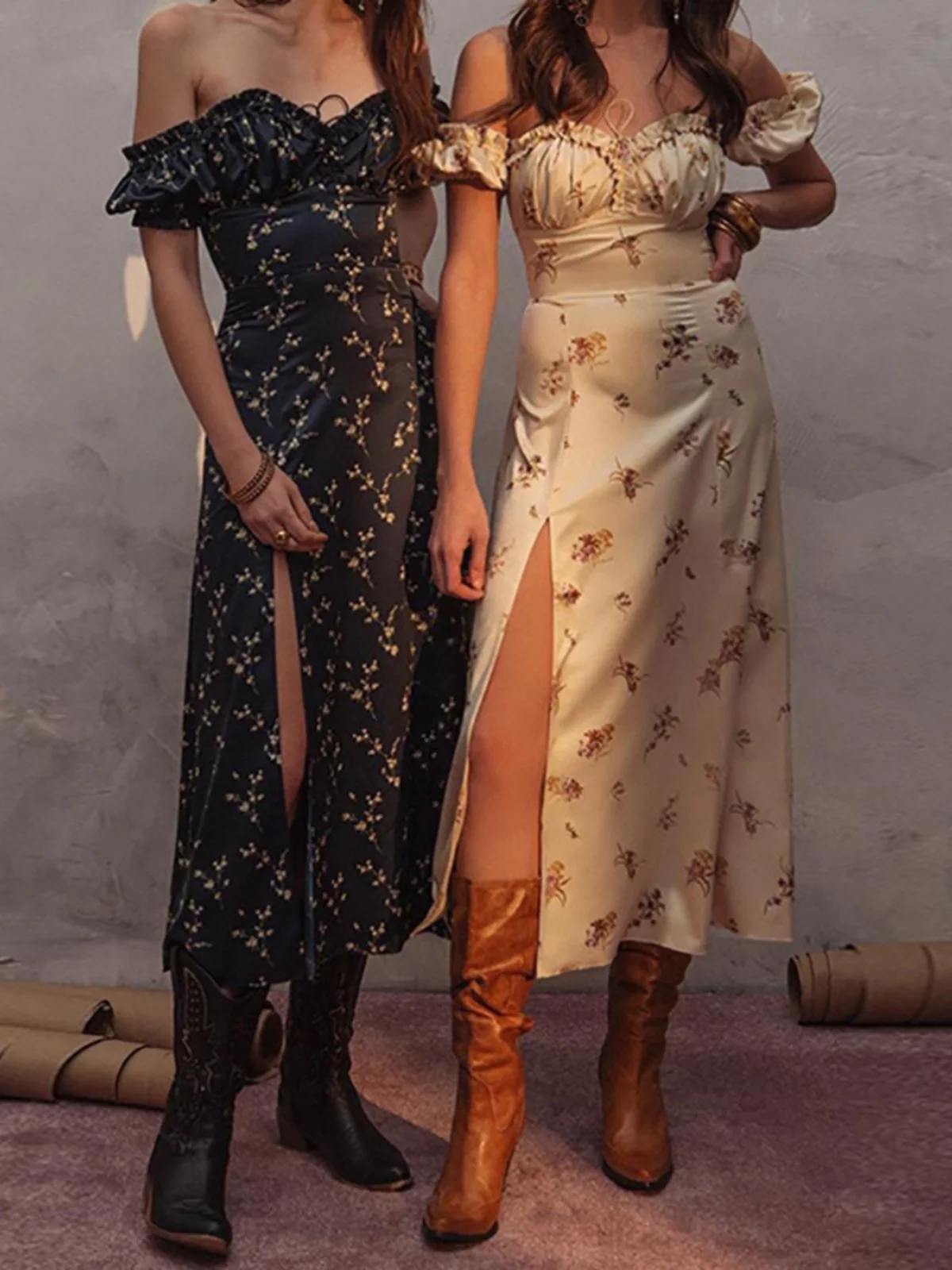 Sexy One oulder Split Dr Dames Casual Hoge Taille Polyester Vezel Halflange Rok V-Ne ort Sve Bloemenprint