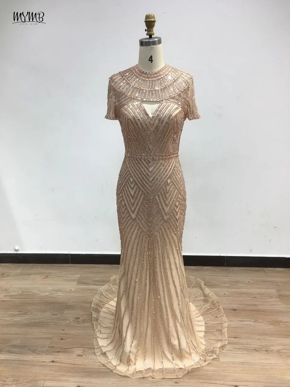 MYMB Wunderschönes Gold U-Ausschnitt Arabische Frauen Mantel Abend Celebrity Kleid Luxus Perlen