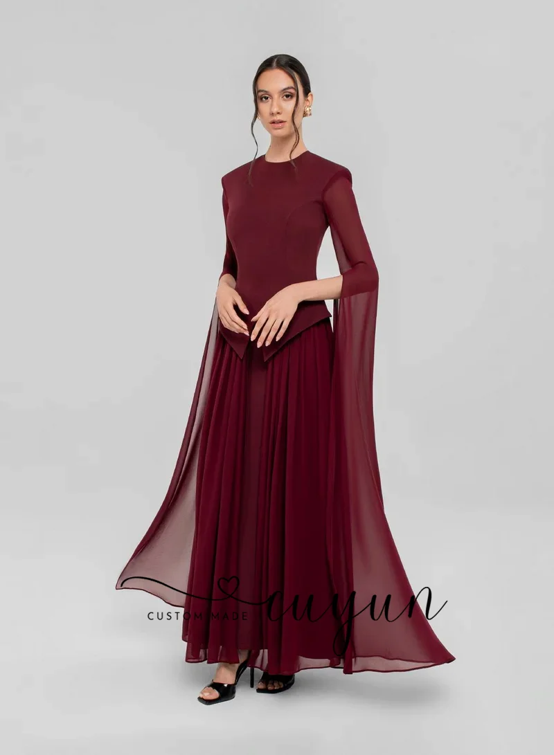 CUYUN Maßgeschneidertes Damen-Abendkleid mit Cape-Ärmeln, Chiffon und Jersey-Abschlussballkleid, formelles Dinner-Partykleid, elegante burgunderrote Kleider