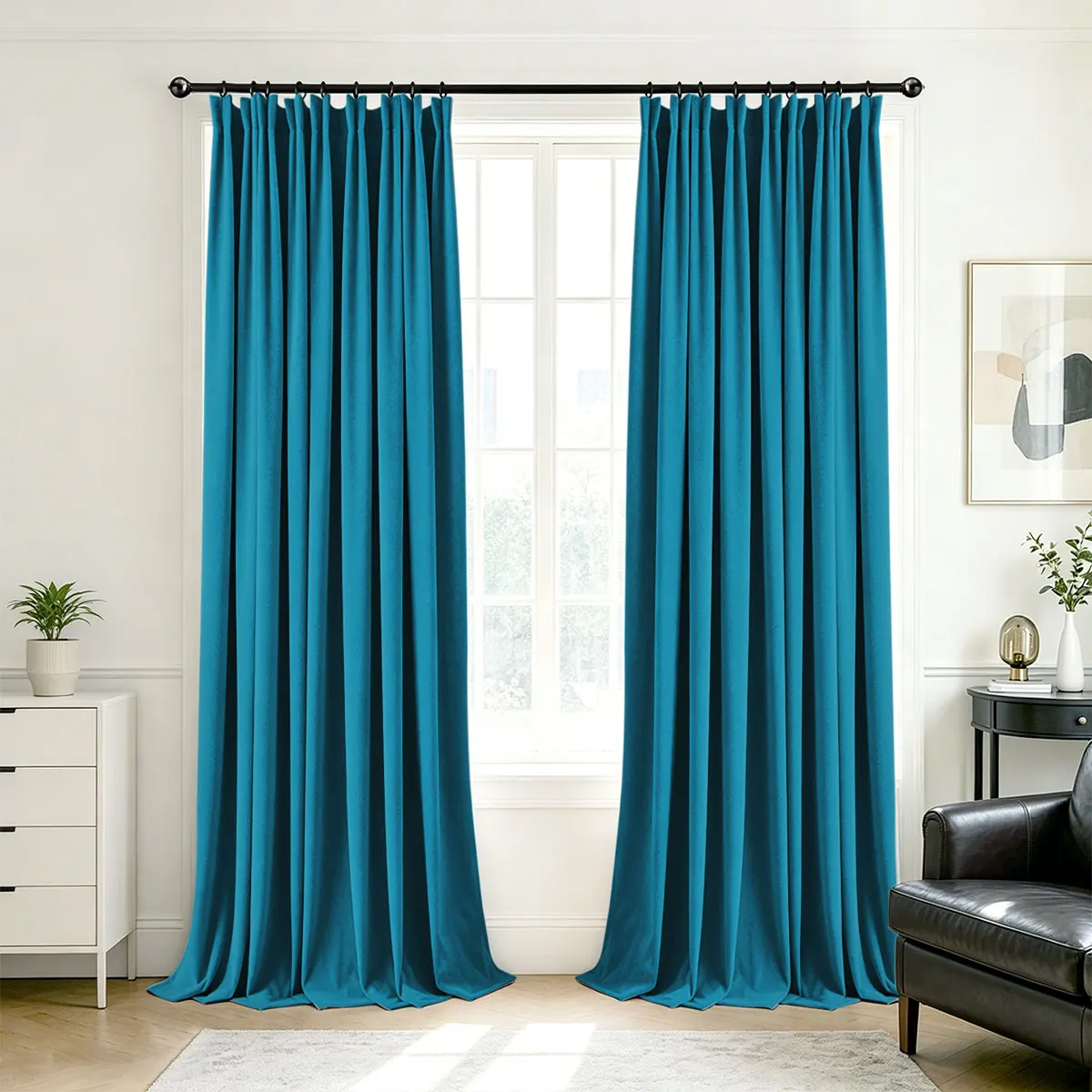 Peacock Blue Velvet Blackout Curtains 2‑Pack, Pinch Pleat Hook Top Drapes for Bedroom Living Room Home Decor
