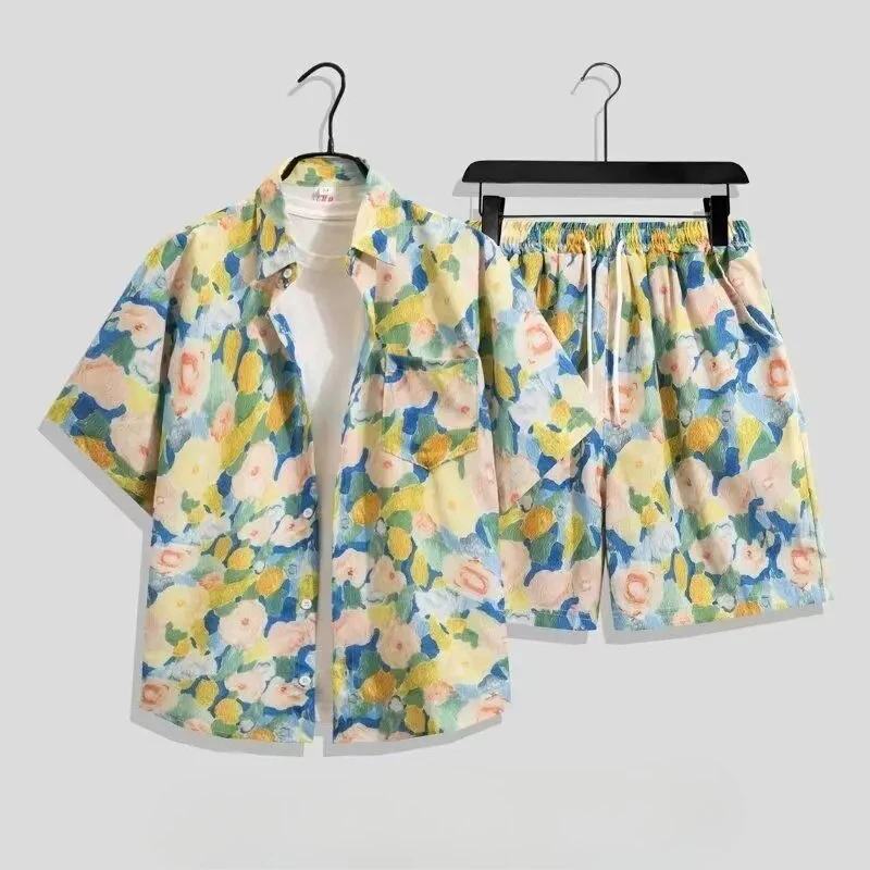 

Men's Ice Silk Floral Shirt Loose Fit Shorts 2 Piece Set Summer Beach Seaside Vacation Outfit New Arrival