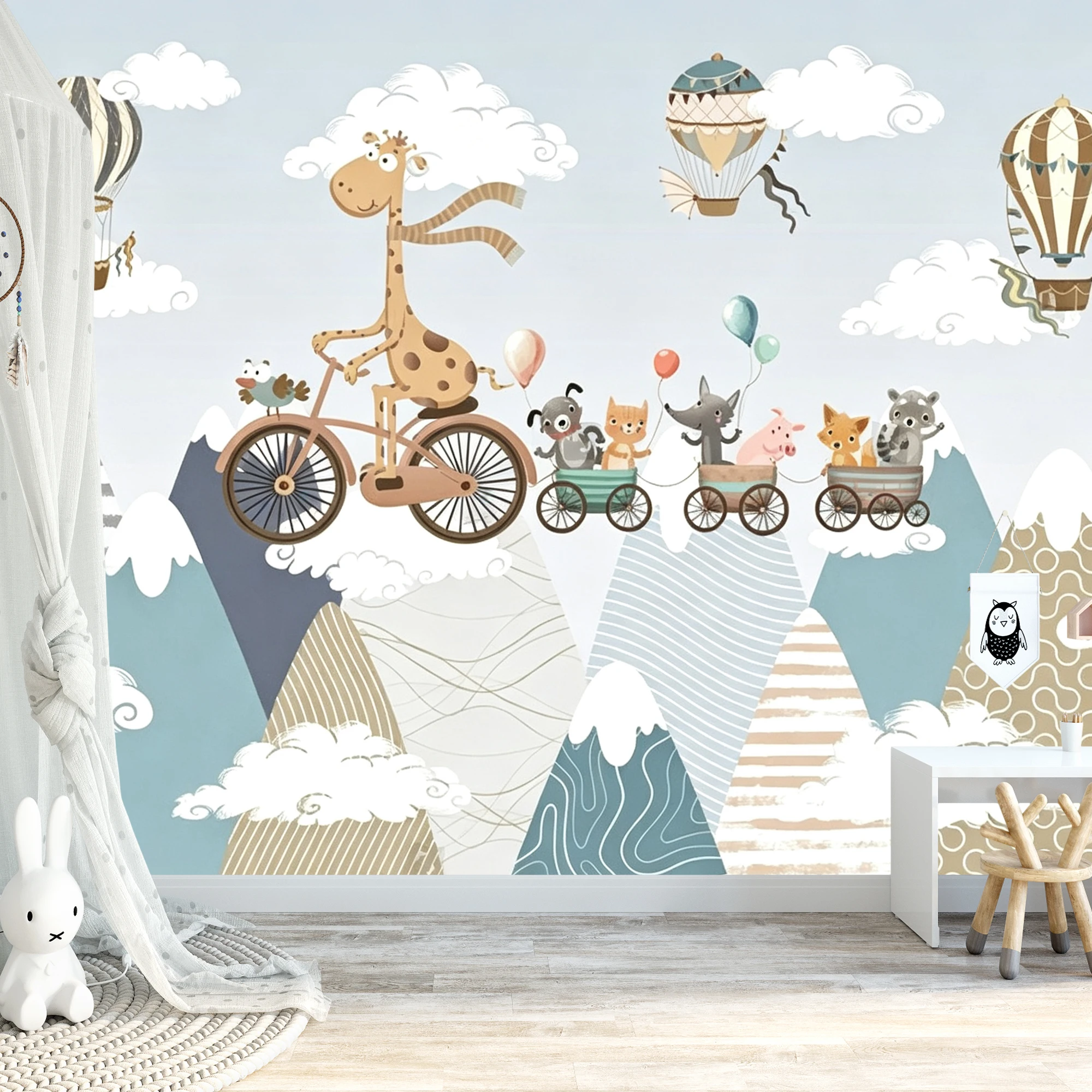 Cartoon Giraffe Riding Bike Wall Mural Cute Animal Hot Air Balloon Mountain Cloud Wallpaper For Kids Bedroom Wall Decor