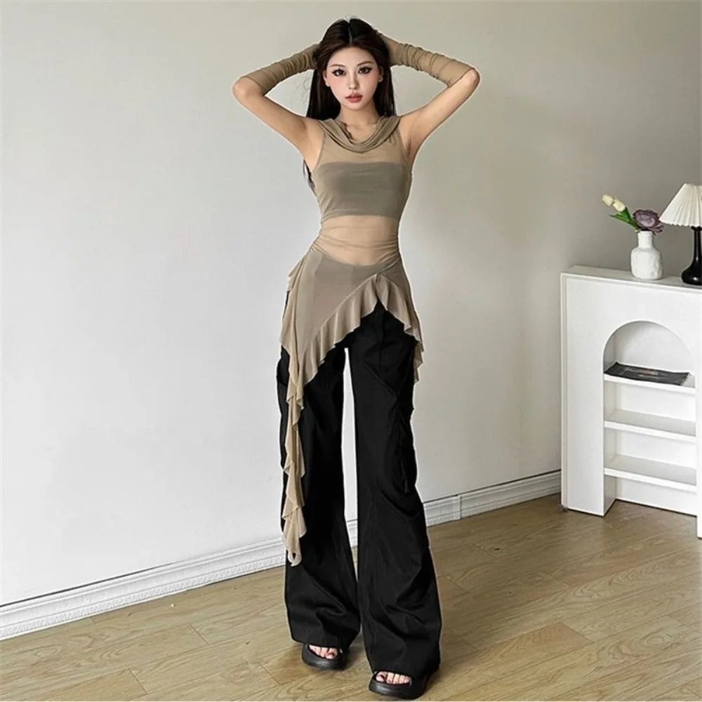 

Korean Y2K Ins Jellyfish Mesh Belt T-Shirt Pleated Mesh Shaped Waist Slim Fit Tops Off Shoulders Transparent