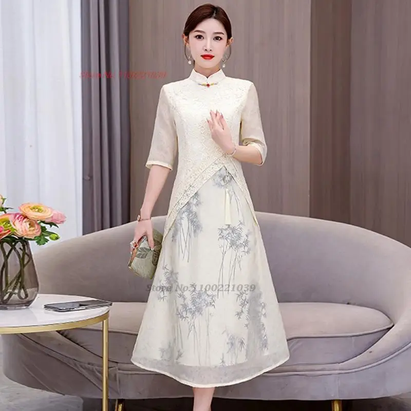 

2024 chinese traditional dress improved a-line cheongsam national flower print lace qipao oriental banquet evening dress vestido