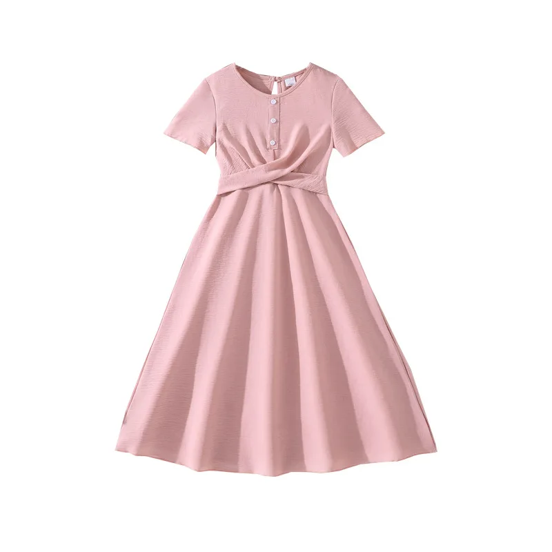 French 2026 Summer New retro Girls long party A-LINE simple fashion Dress O NECK PINK Teens Clothes Toddler 8 to 10 12 year