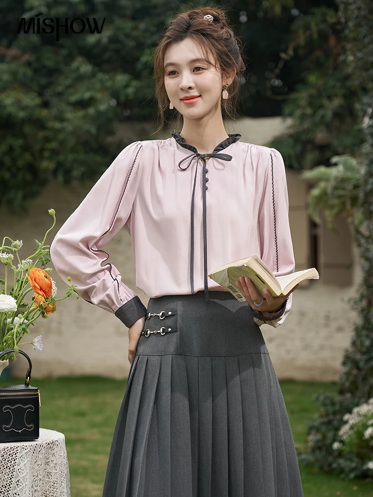 

MISHOW French Lace Up Long Sleeve Shirt for Women 2024 Spring Temperament Lace Collar Contrast Color Top Office Lady MXD13X1334