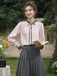 MISHOW French Lace Up Long Sleeve Shirt for Women 2024 Spring Temperament Lace Collar Contrast Color Top Office Lady MXD13X1334