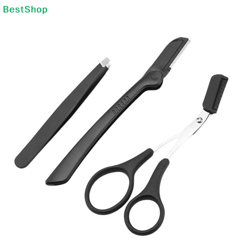 ❄3Pcs Eyebrow Grooming Kit,Precision Tweezers,Eyebrow Razor & Scissors with Comb,Professional Facial Hair Remover Set