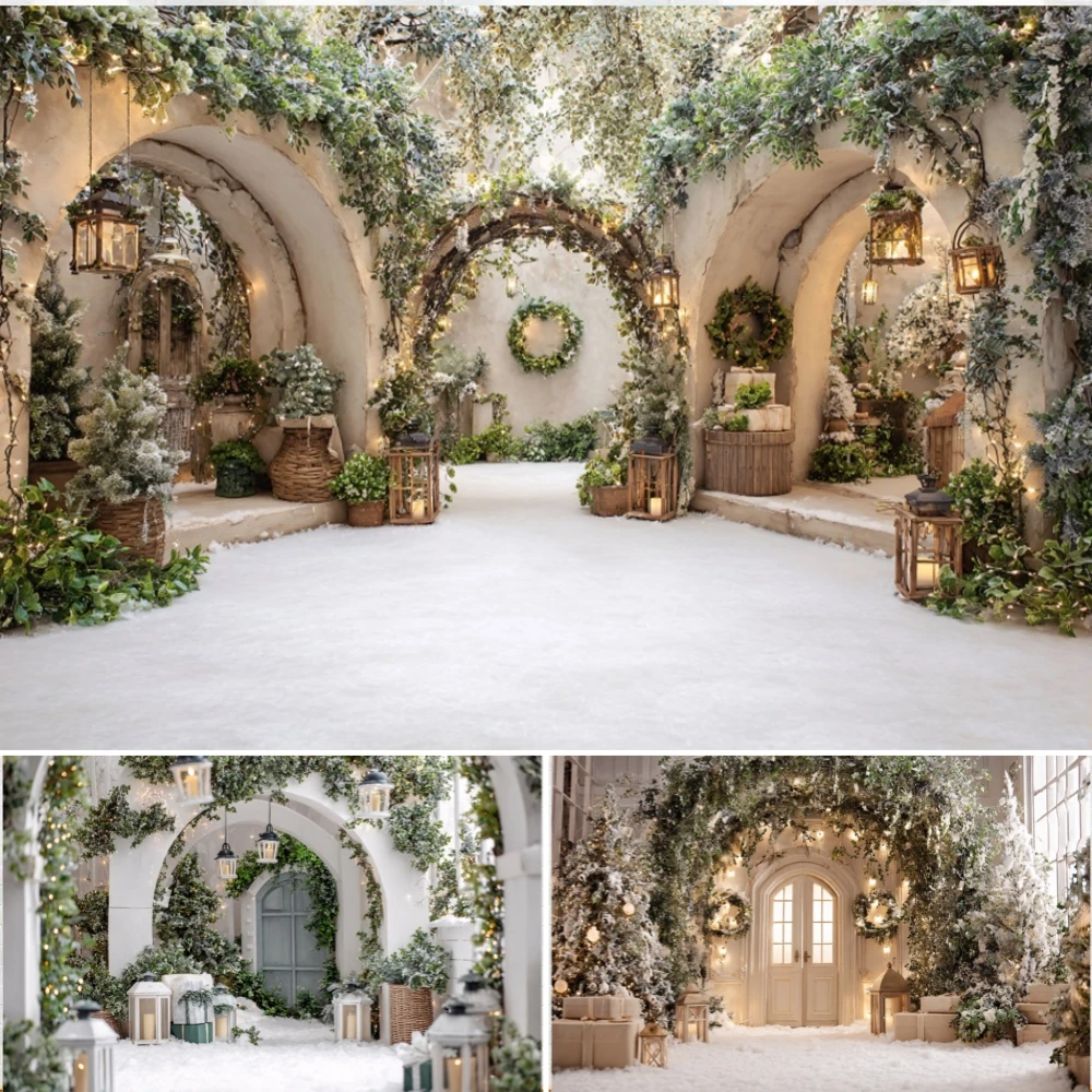 

Christmas Wonderland Archway Backdrop Winter Snow Xmas Wreath Lantern Gift Green Plants Kids Family Party Photography Background