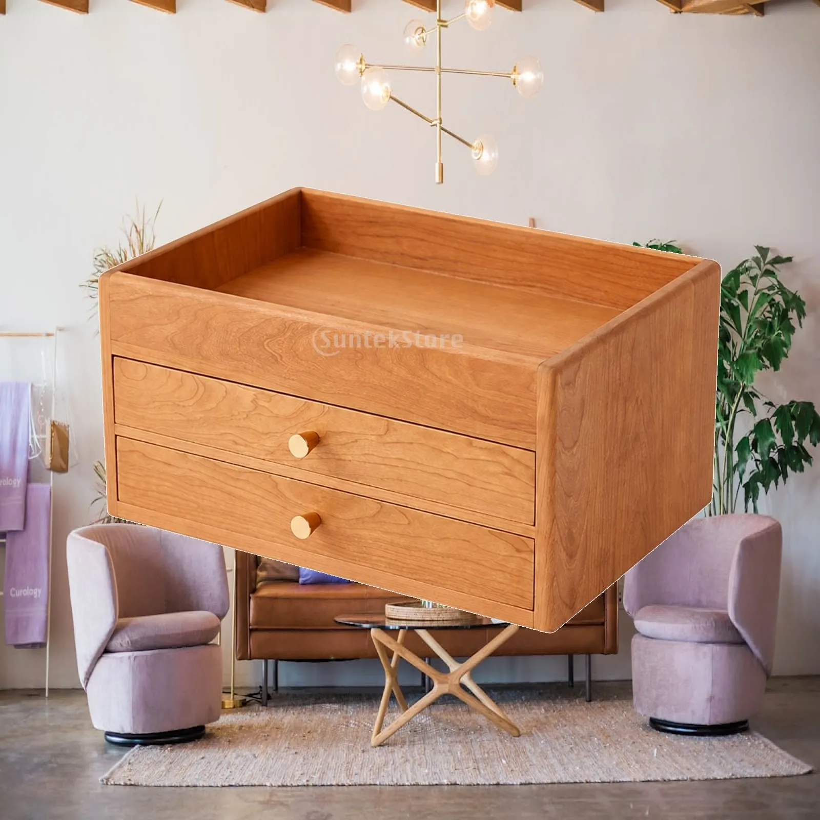 Small Solid Wood Tabletop Cabinet with Two Pull Out Drawers for Vanity Organizing and Desk Use
