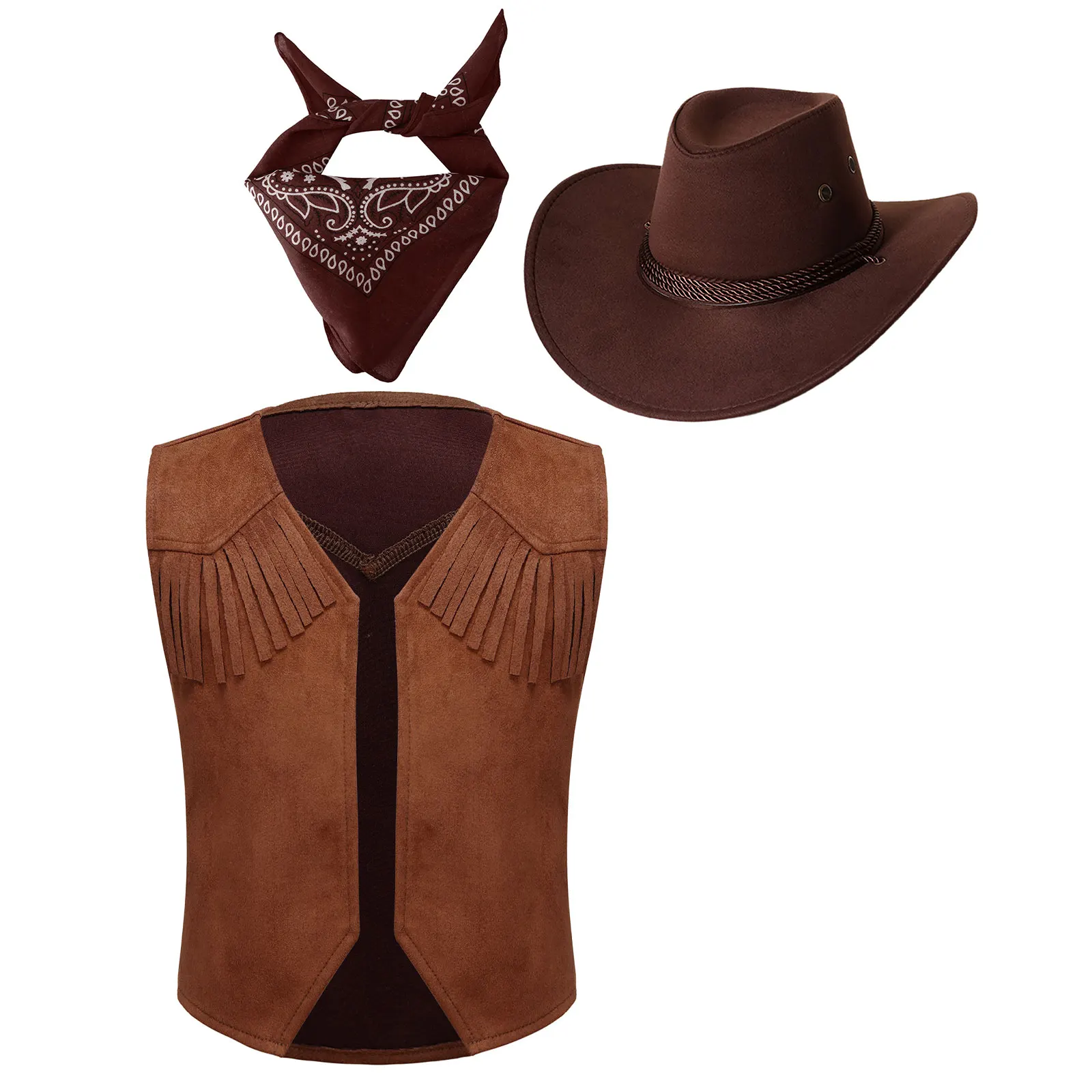 Costume de Cowboy pour Enfants, Frange Marron, GlaPaisley, Bandana et Chapeau de Cowboy, Ensemble pour Halloween, Carnaval, ix, fur s Up, 3Pcs