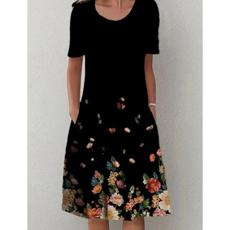 2025 primavera verão vestido feminino moda casual confortável férias floral impressão o-pescoço bolso vestidos de comprimento médio