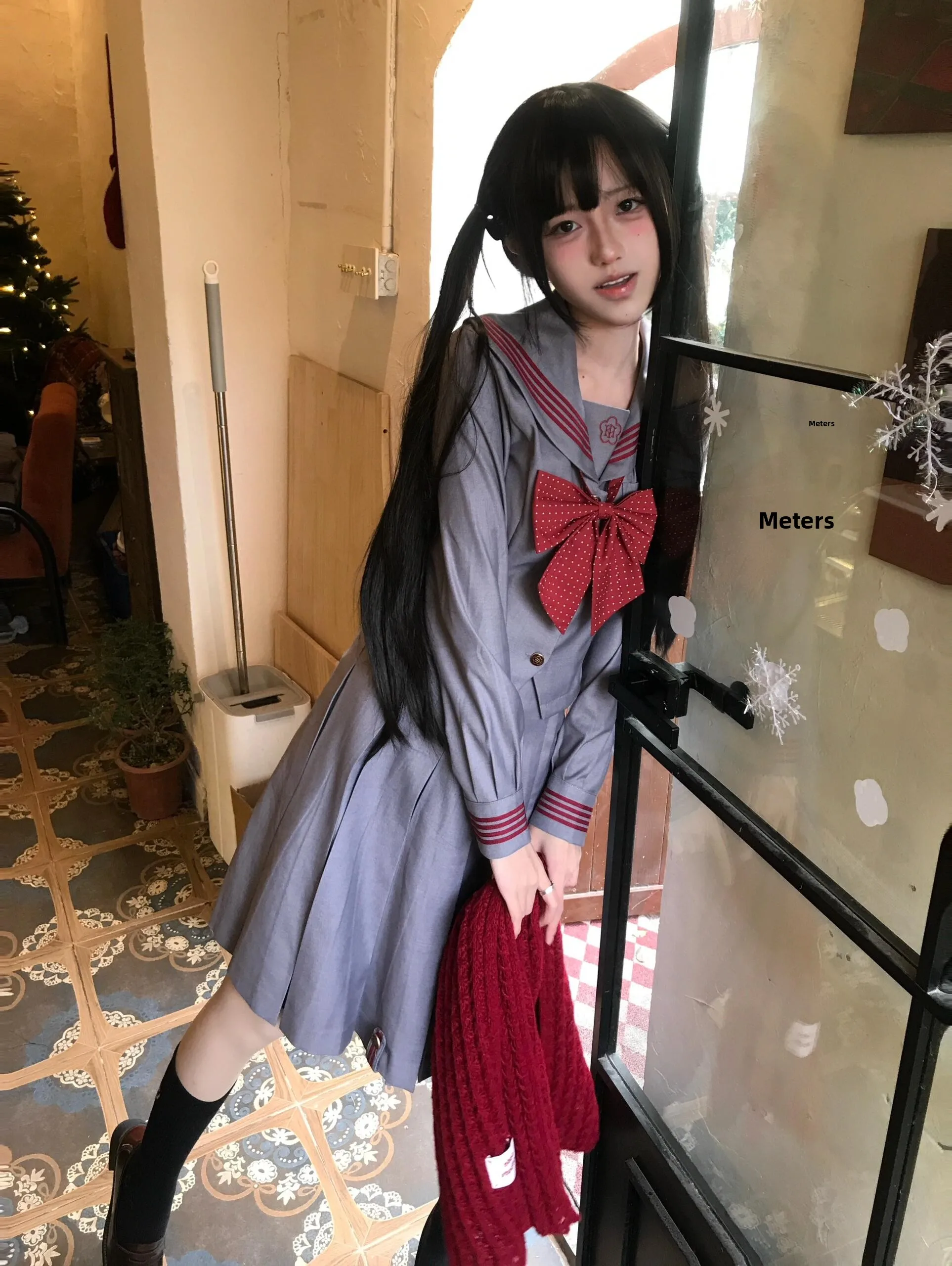 

Waterdrop Original ey Long Sve Sailor Suit Waist Cinched Set Japanese Sle School orm Middlewear JK Outfit
