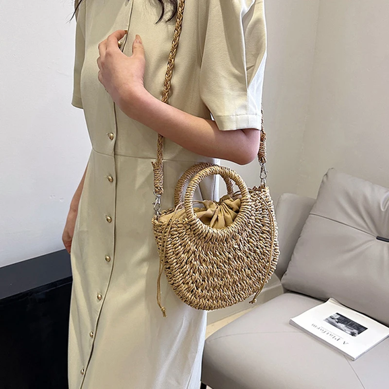 2026 NEUE Sommer Damen Handgefertigte Gewebte Stroh-Rattan Halbmond-Strandtasche Große Kapazität Hohle Crossbody Schultertasche – Detail 12