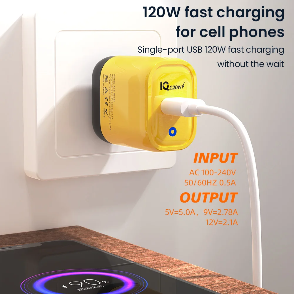 120W USB Fast Charger Quick Charge 5.0 EU/US Plug Phone Charge Adapter With LED For iPhone15 Huawei Samsung Xiaomi