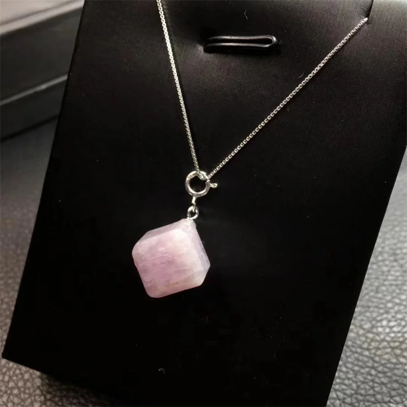 S925 Natural Kunzite Cube Pendant Jewelry For Women Man Healing Crystal Beads Energy Stone Reiki Gemstone 1PCS