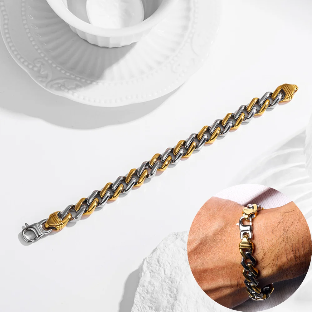 

12mm Punk Retro Titanium Steel Curb Cuban Link Chain Bracelet Men's Silver Gold Color Cuff Bangle Jewelry