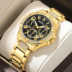 YalaLuSi Brand 2024 New Gold Case with Black Face Luxury Crystals Ladies Watch with Box and Remover