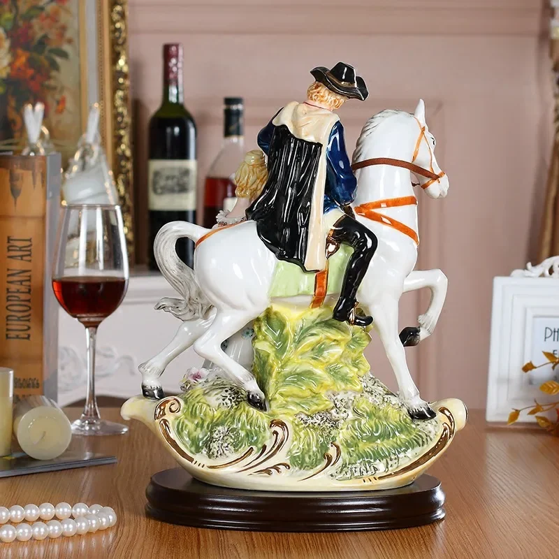 High-end European ceramic character ornaments luxury, royal horse knight beautiful woman home living room crafts decoration