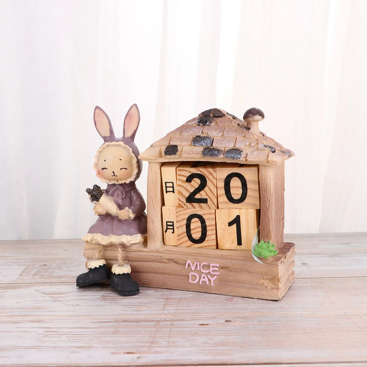 

Wooden Rabbit Statue House Shape Perpetual Desk Calendar Manual Turning Calendar Block Desktop Decoration for Office Home Rabbit