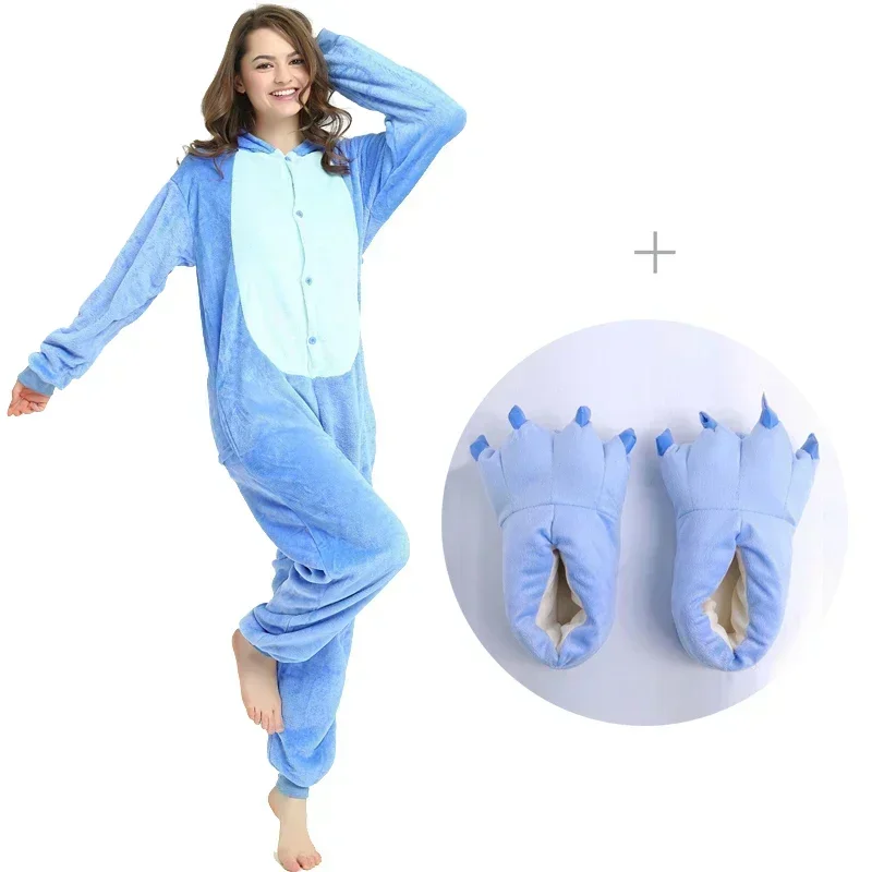 Unisex Anime Onesies Woman Men One Piece Hooded Jumpsuits Kigurumi Family Matching Pajamas Winter Flannel Couple Stitch Pijamas