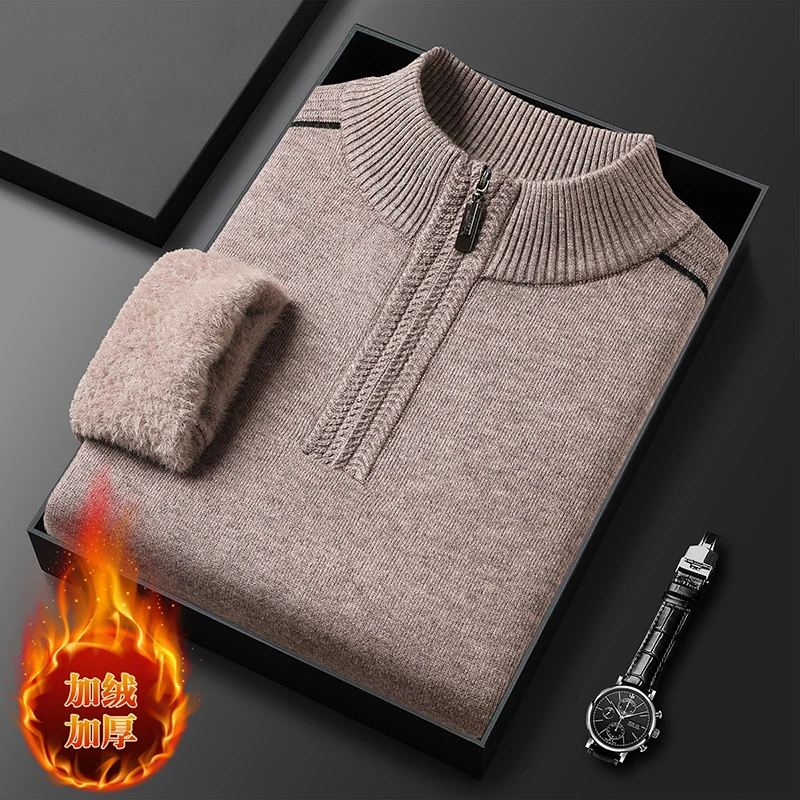 

Men Thick Velvet Sweater 2025 Winter Velvet Lined Keep Warm Clothes Long Sleeve Zipper Jumper Pullover Knitwear Tops