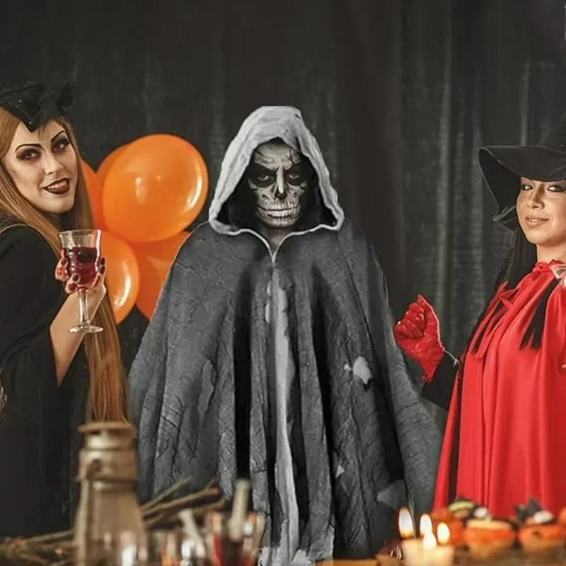 Costume di Halloween per adulti Spaventoso mantello horror con cappuccio Abito per uomo Terrificante gotico in maschera Party Cosplay Dress Up Puntelli