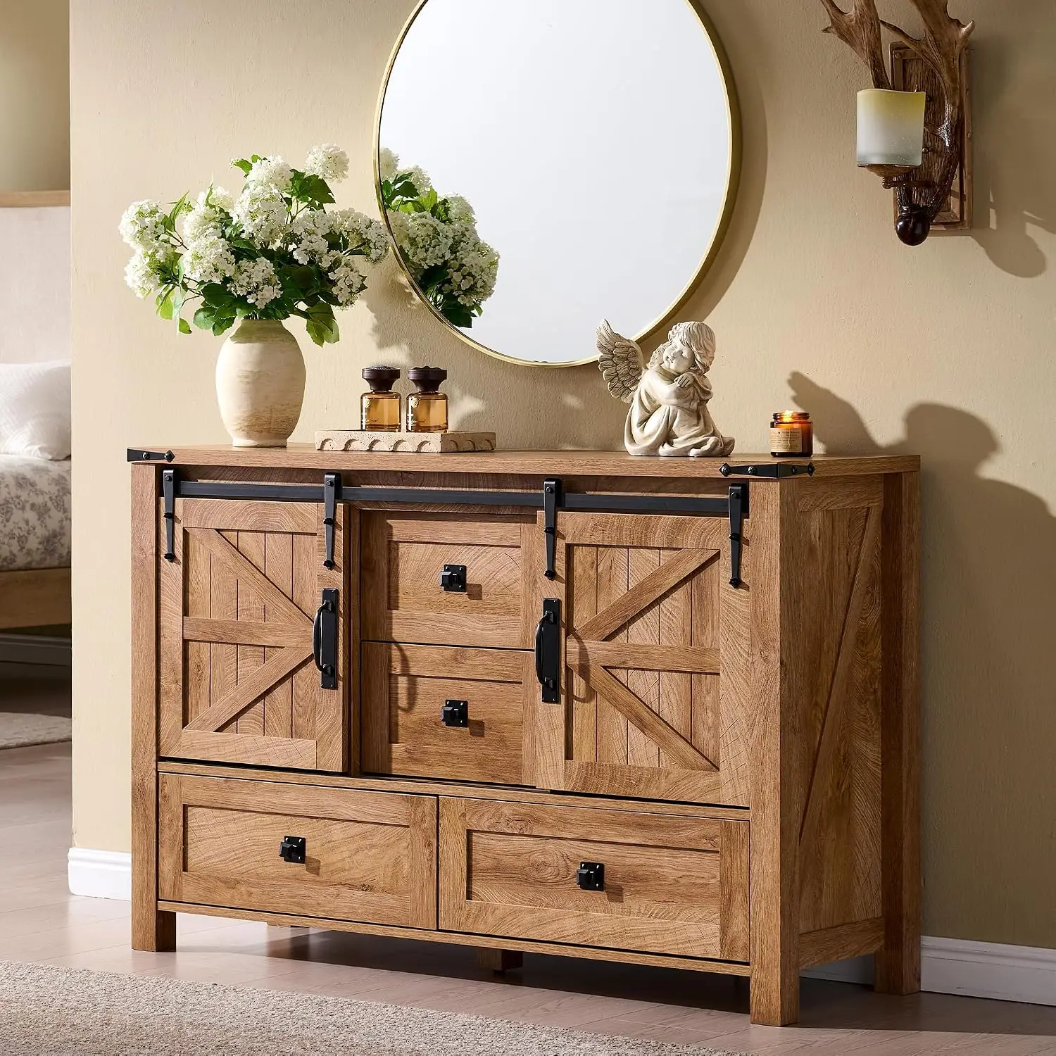 Farmhouse 4 Drawer Dresser with Sliding Barn Doors 48-inch, Customized