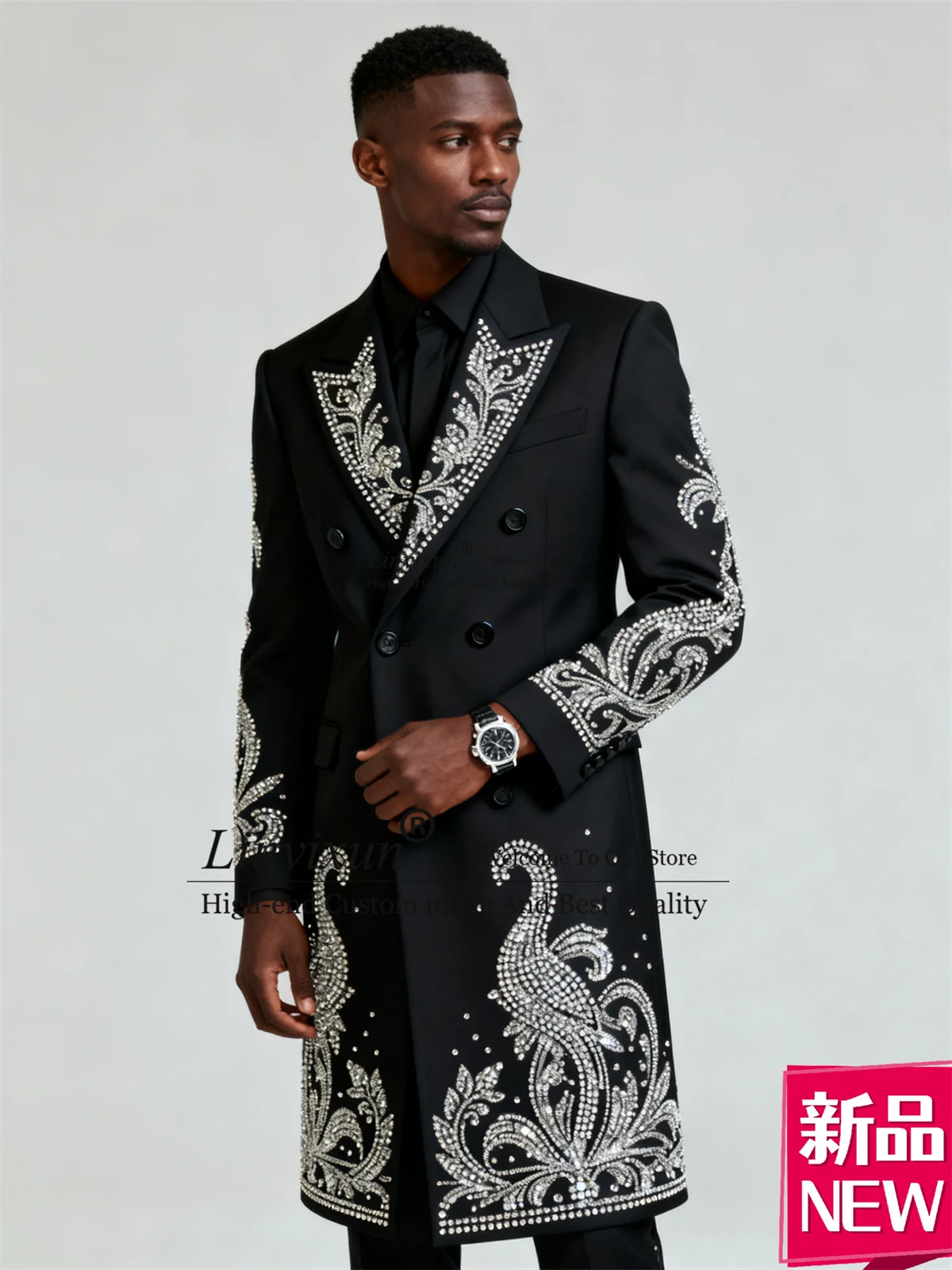 

Luxury Diamond Rhinestones Men Suits Customized Wedding Long Coat Ropa Blazer 2 Pieces Sets Groom Tuxedos High End Costume Homme