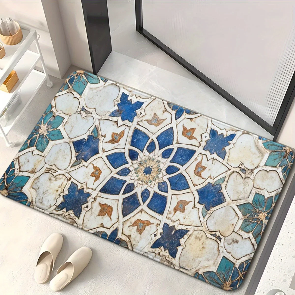 1pc Blue White Islamic Pattern Door Mat Traditional Moroccan Design Entrance Rug For Mosque Home Decor Religious Floor Mat