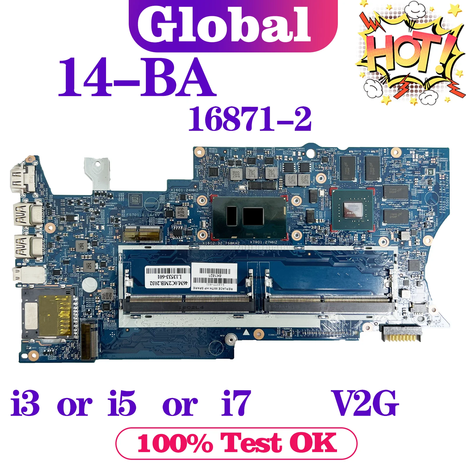 

KEFU 16871-2 Mainboard For HP X360 14-BA l12077-601 Laptop Motherboard i3 i5 i7 7th Gen V2G