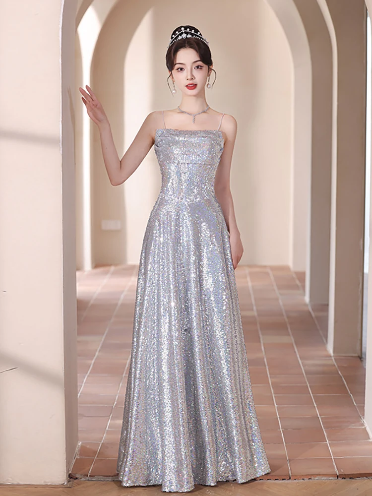 

High-end Sequined Camisole Evening Dress Light Luxury Slim Fit Banquet Formal Dress Elegant Sleeveless A-Line Prom Gowns