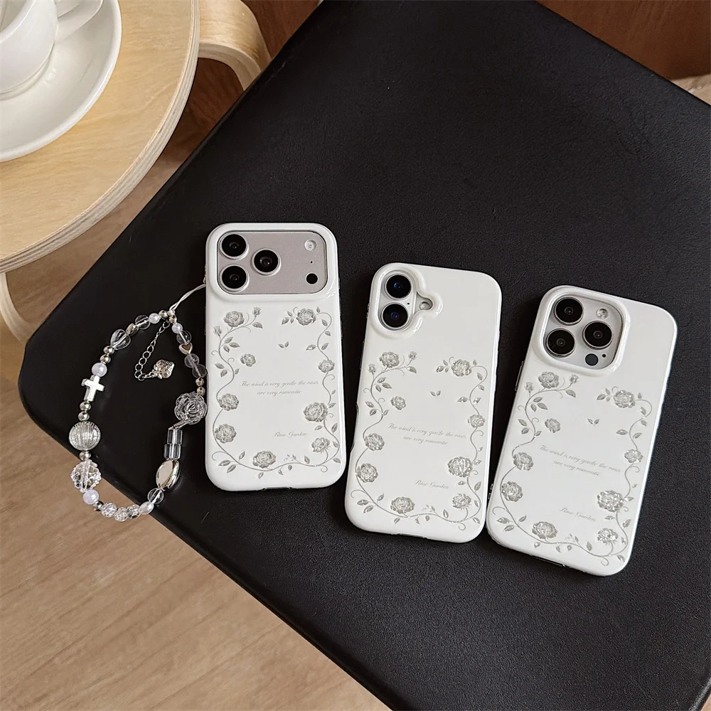 Vintage Silver Rose Garden Phone Case For iPhone 17 16 15 Pro Max Elegant French Floral Pattern Soft Shockproof White Cover