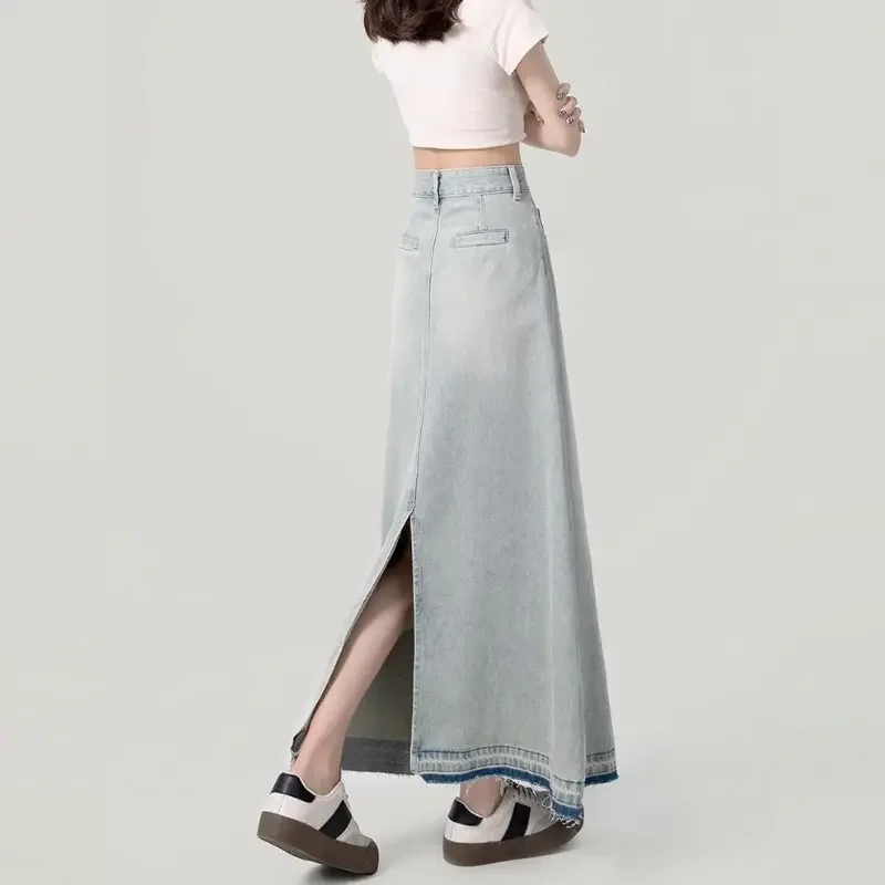 Slit Denim Skirt for Women Spring Autumn Slim High Waist A-line Long Skirts Casual Vintage Style Y2k Clothing Plus Size