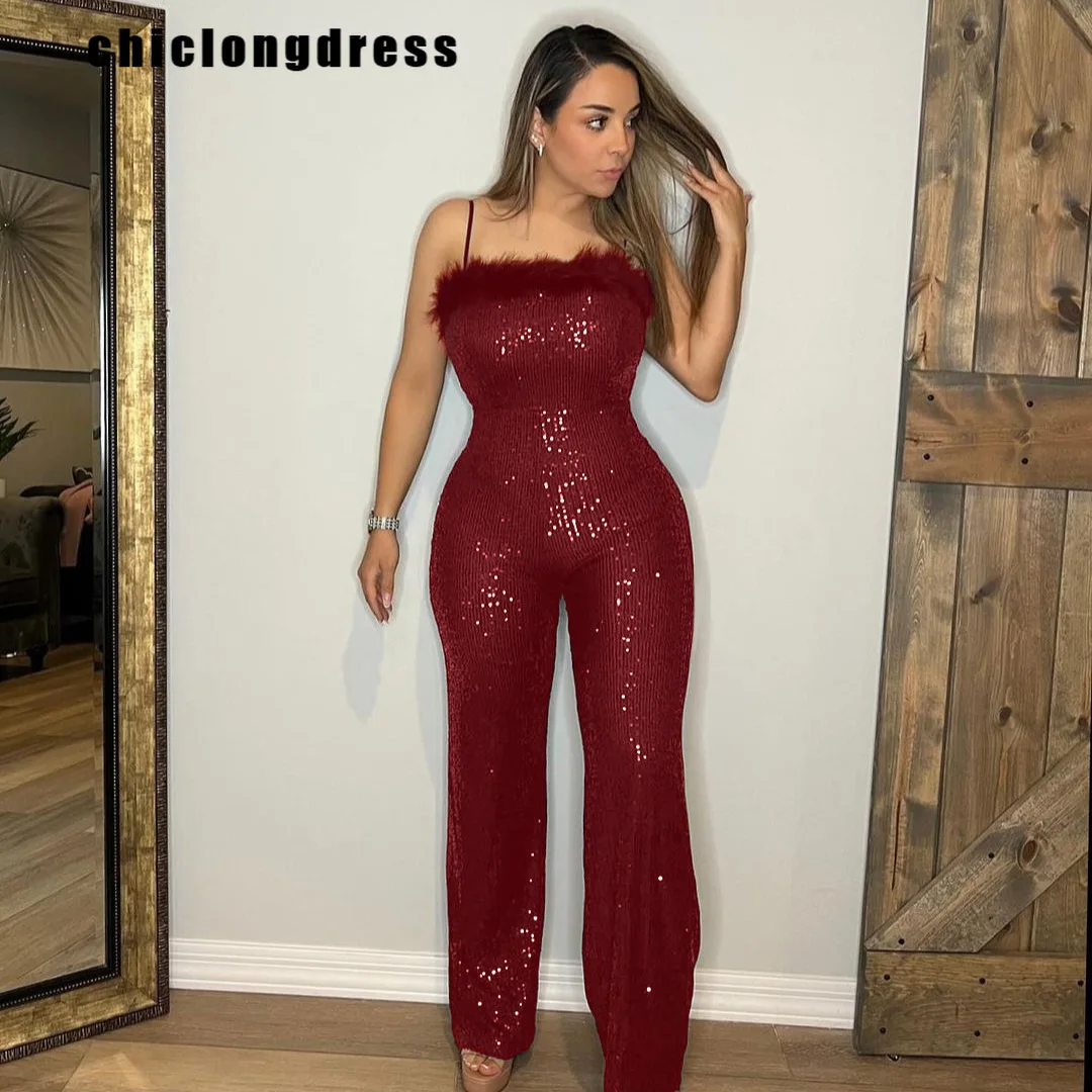 Outono inverno sexy lantejoulas macacão feminino moda boate estilo suspender pena lantejoulas perna larga macacão feminino