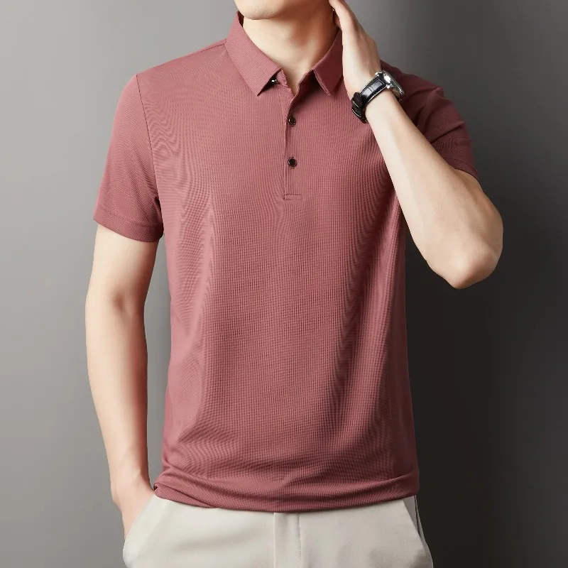 Men's Clothing Solid Color Pullover Turn-down Collar Summer Button Short Sleeve T-shirt Boyfriend Casual Formal Business Tops