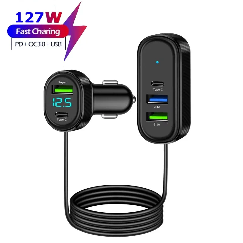 Autoladegerät Super 66 W Schnellladung USB Typ C 3.1 A Laden mit Spannungserkennung mit 1,5 m Verlängerungskabel Telefonladegerät