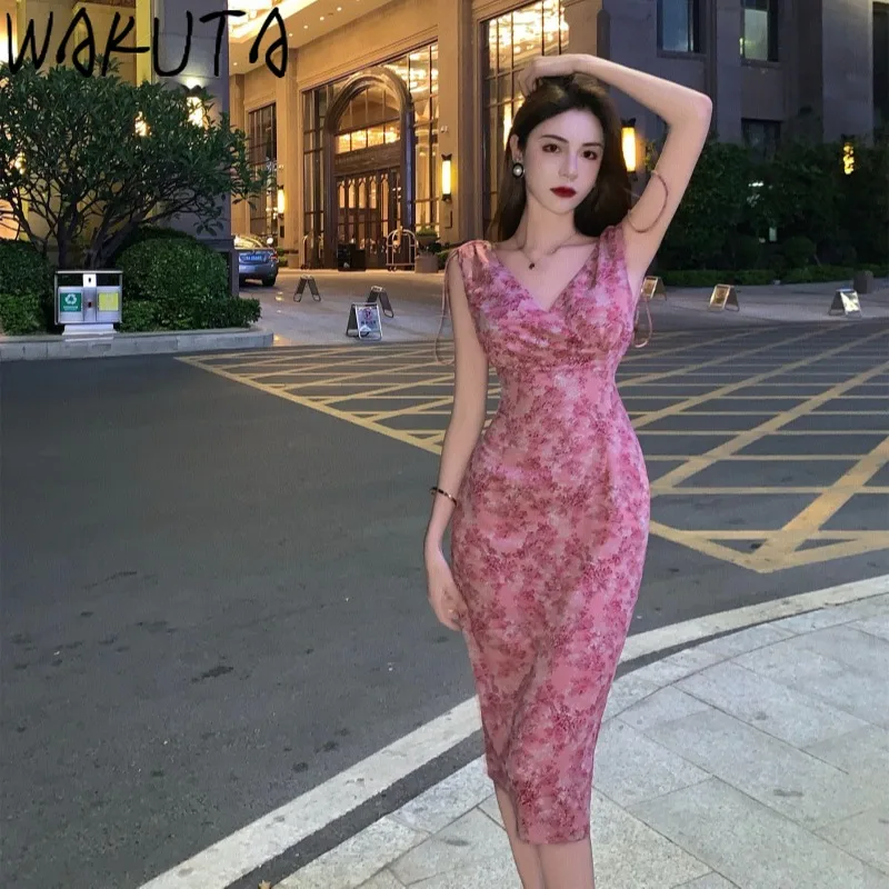 WAKUTA Floral Dress Women Elegant Bodycon Sleeveless V-neck Long Dresses Vintage Backless Robe Korean Chic Sweet Vestidos Mujer