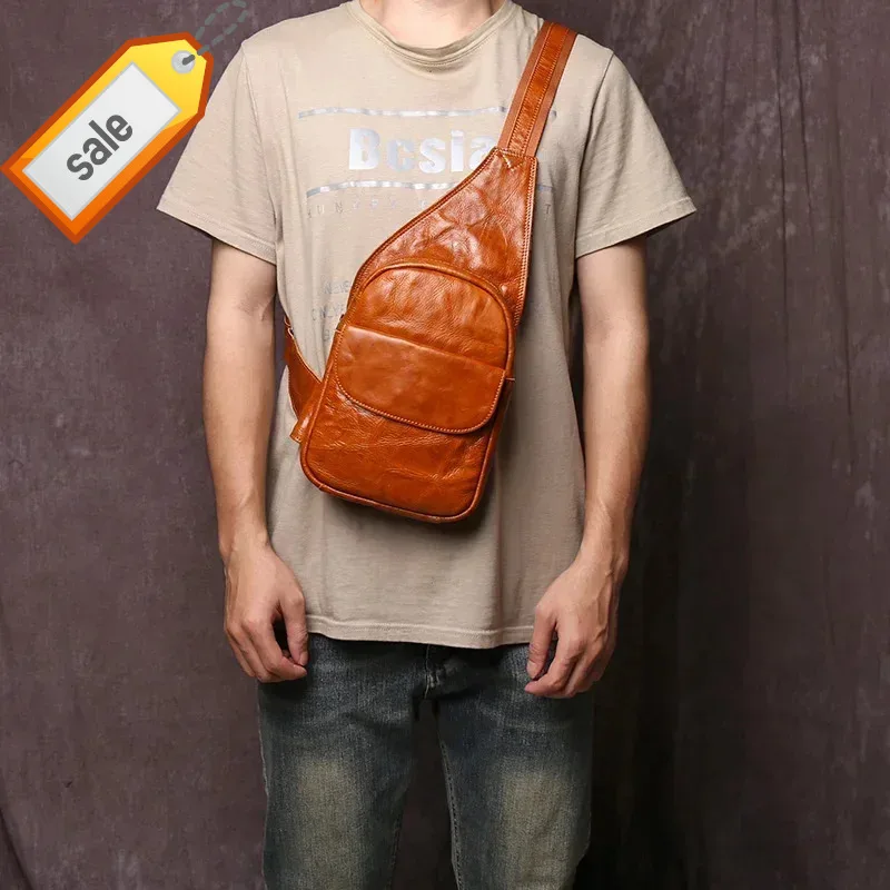 

Retro Hand Grip Pattern Vegetable Tanned Top Layer Cowhide Men's Chest Simple And Fashionable Genuine Leather Crossbody Bag