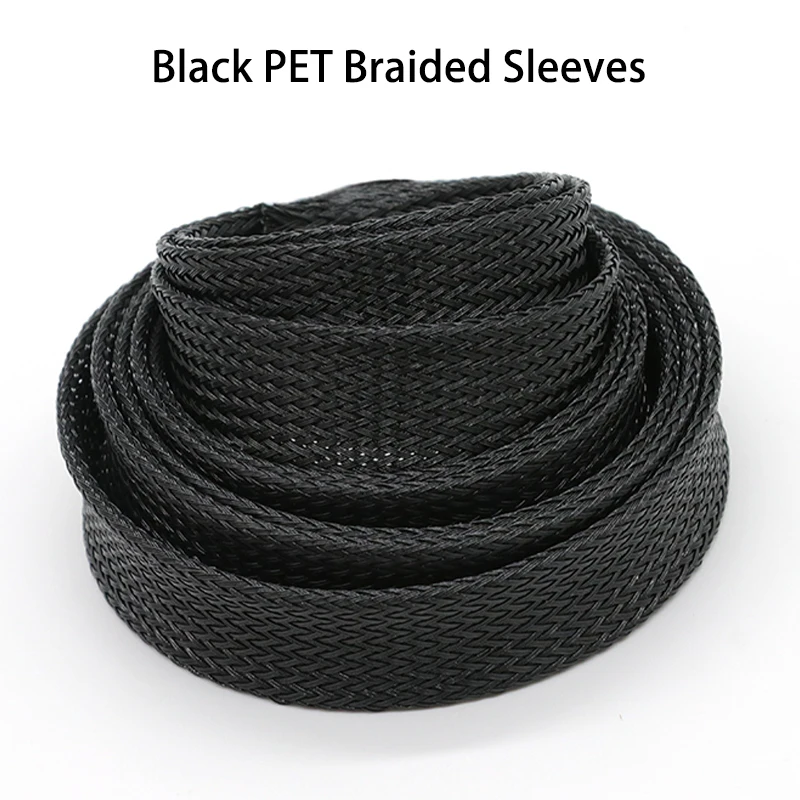 Black 1~50 m PET Braid Sleeves 2/4/6/8/10/12/14/16/20/25/30/35/40/50/60 mm High Density Insulated Snake Skin Cable Wrap Sheath