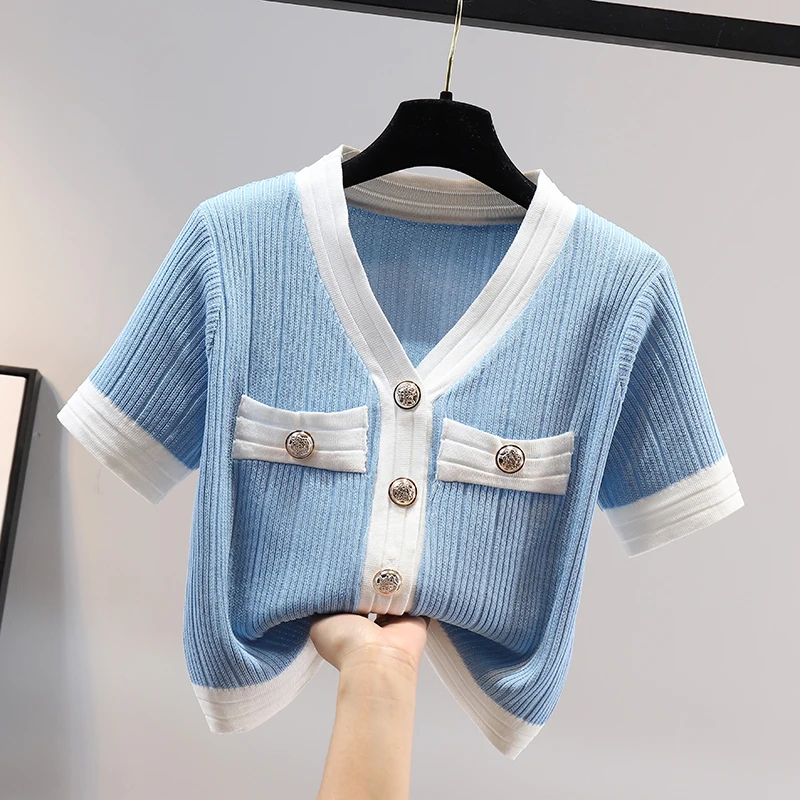 Summer Slim Fit Knitted Cardigan Women Korean Fashion Short Sleeve Sexy V-neck Contrast Color Crop Top Elegant French Shirt Y2k