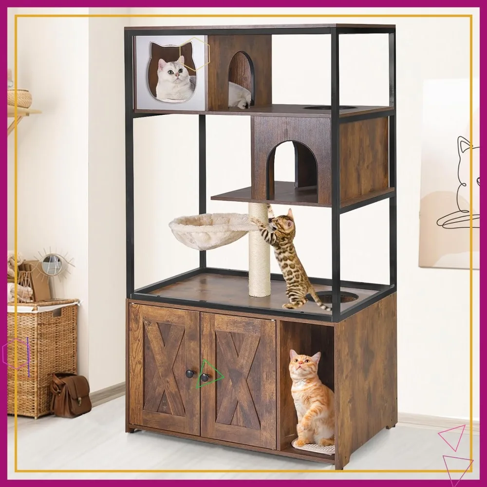 

Мебель-лоток для кошек со скрытым дизайном, металлическим каркасом, деревянным домиком для котят с дверцей-складной дверью, водонепроницаемый контейнер для контроля запаха