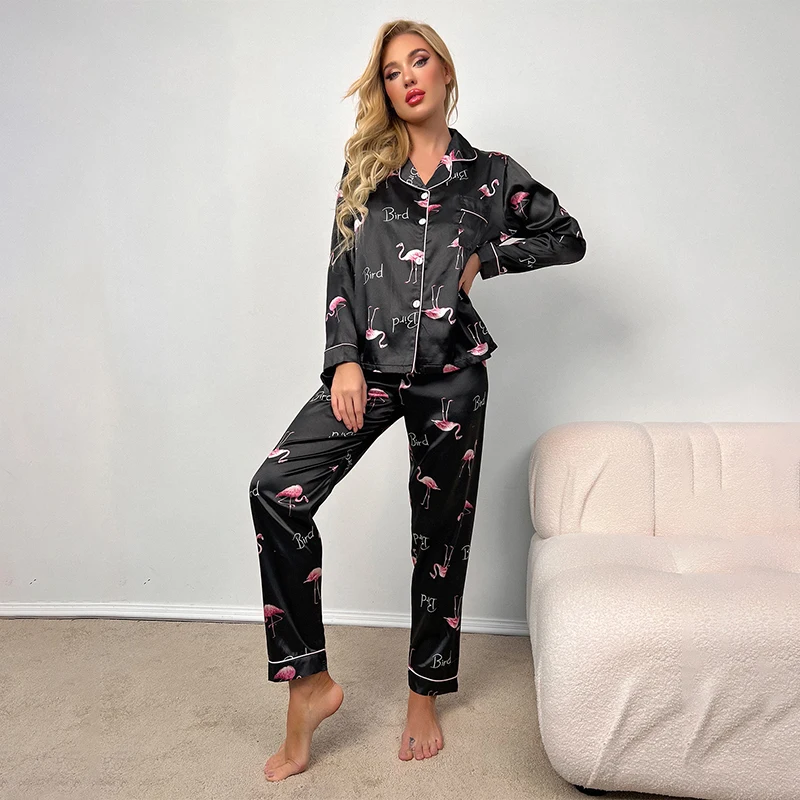 Women's pajama sets with lapel buttons long sleeved shirt and soft long pants flamingo print casual and comfortable home pajamas