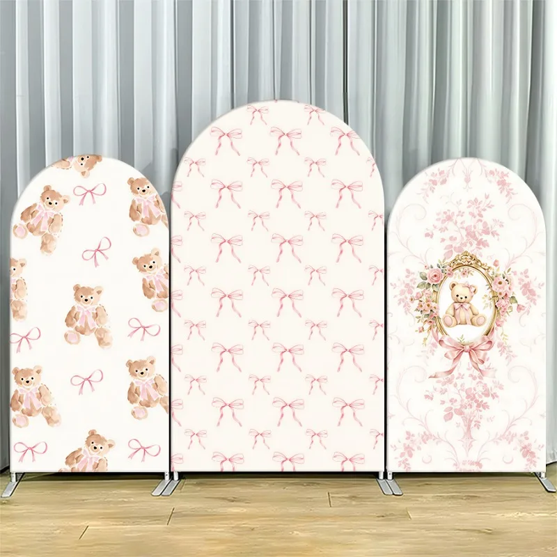 

Arch Backdrop Cover Single Side Floral Bow Patterned Pink Cream Photography Party Decoration Photo Booth Background Event Props