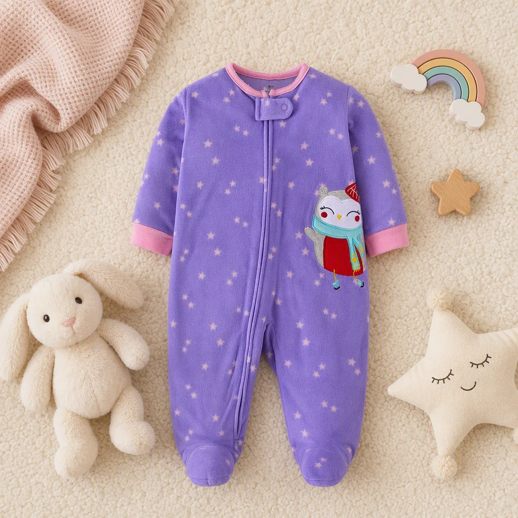 Infant Girls Polar Fleece Footed Romper Eco Print Cute Cartoon Owl & Unicorn Embroidery Zip Onesie Fall Winter Warm Baby Clothes