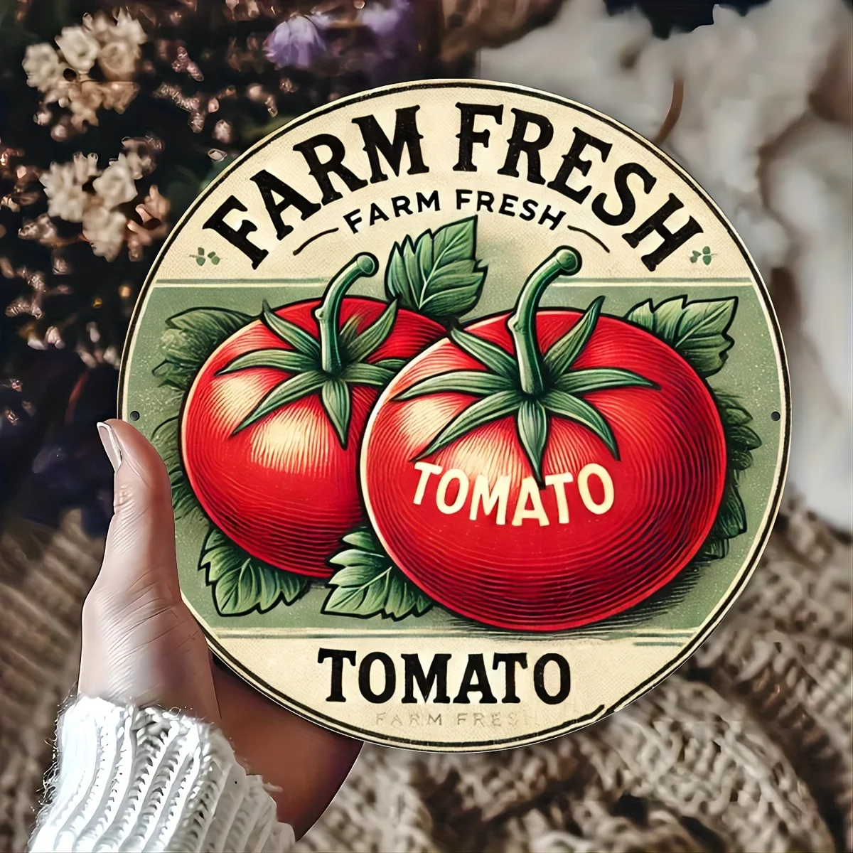 Farm Fresh Tomate 20,3 x 20,3 cm rundes Metall-Blechschild – rustikale Vintage-Haus- und Bauernhofdekoration, langlebiges Eisen, einfach aufzuhängen, perfekt für Raumdekoration