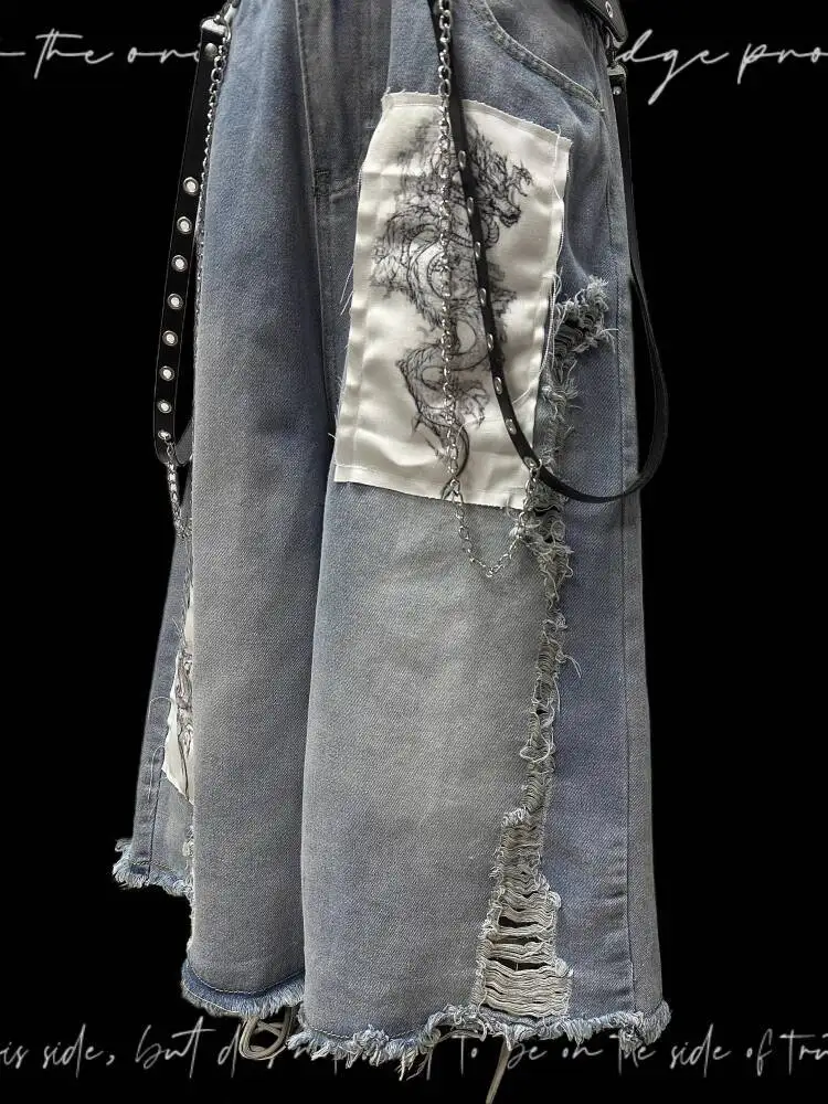 Vaqueros góticos punk unisex japonés vintage pantalones cortos de pierna ancha estilo Yamamoto apliques longitud denim con diseño