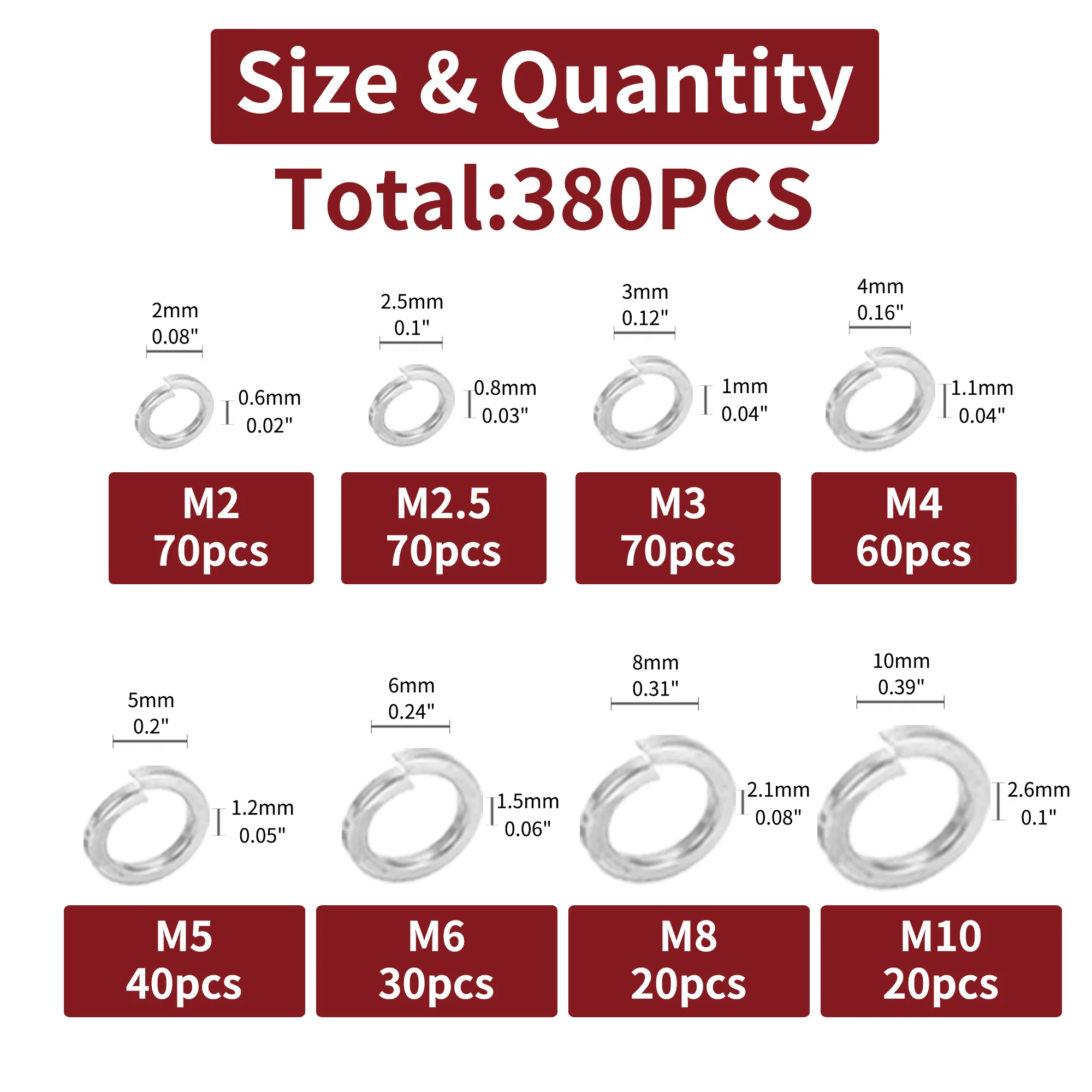 380Pcs 304 Stainless Steel Split Lock Washers Assortment Kit,Spring Lock Washer 8 Sizes M2 M2.5 M3 M4 M5 M6 M8 M10